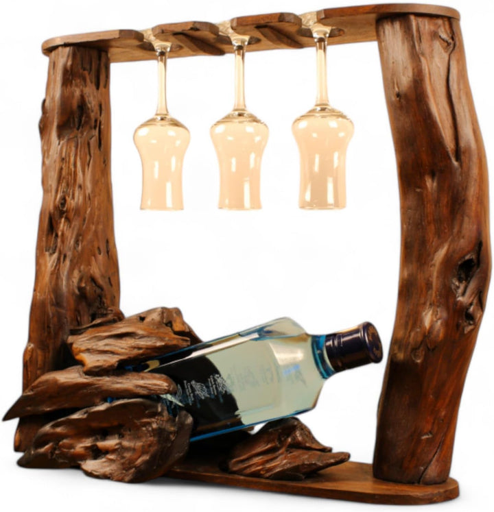 Kinaree XL Wurzelholz Flaschenständer - Teak Flaschenhalter - Edel und Dekorativ für 1 Flasche und 3