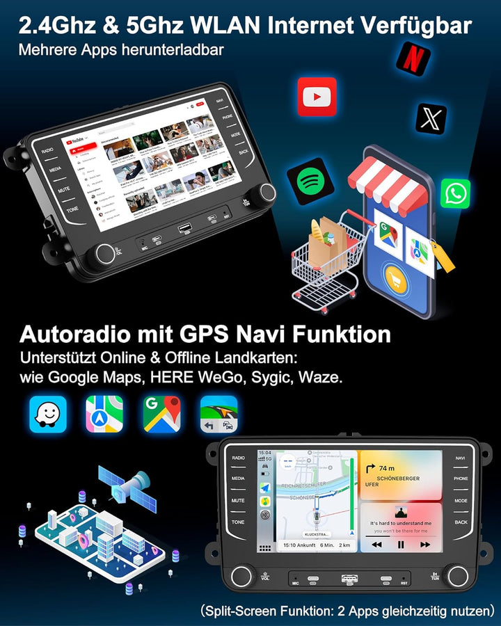 Autoradio mit Bildschirm Bluetooth 2+64GB für VW Golf 5 6 Polo T5 Passat Touran Seat Skoda, 2Din Aut