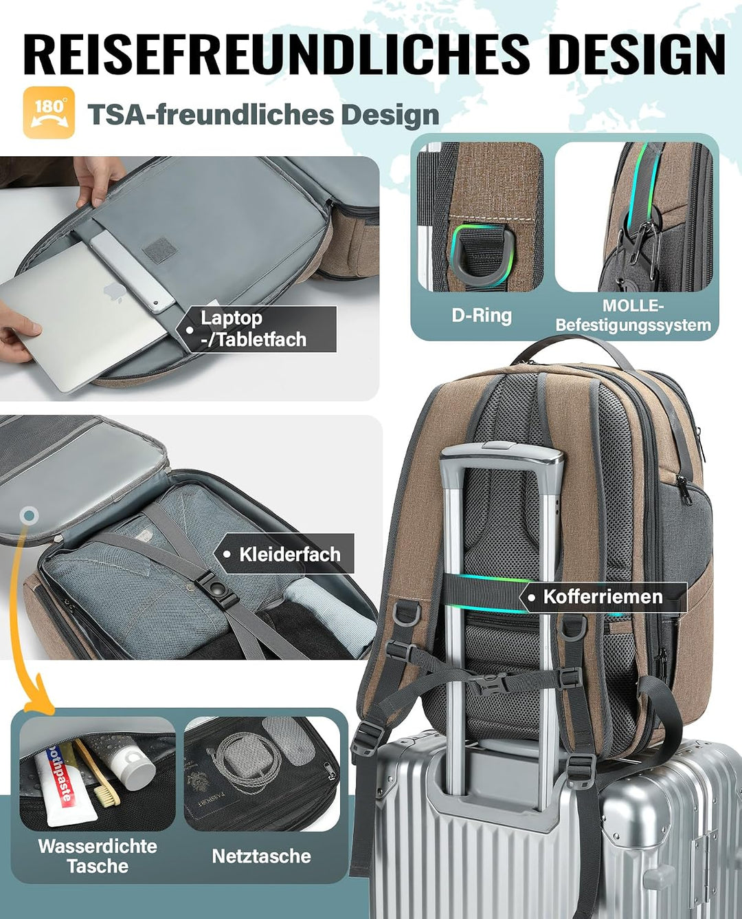 VANKEV Erweiterbarer Reiserucksack Laptoptasche Handgepäck für EasyJet | 30L-38L, grosse Kapazität,