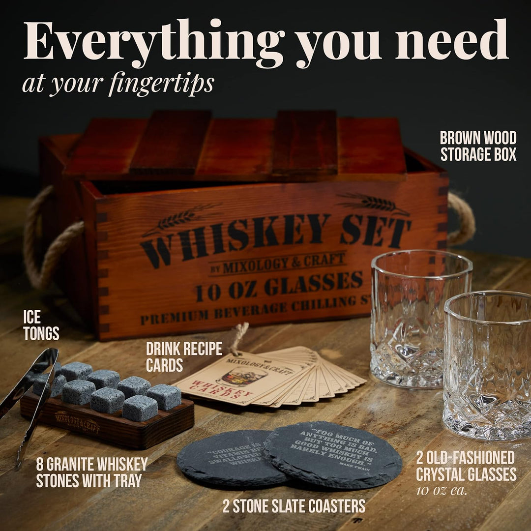 Mixology & Craft Whiskey Stones Geschenkset für Männer - 2 Gläser, 8 Kühlsteine & Holzkiste - Whiske