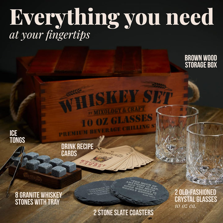 Mixology & Craft Whiskey Stones Geschenkset für Männer - 2 Gläser, 8 Kühlsteine & Holzkiste - Whiske
