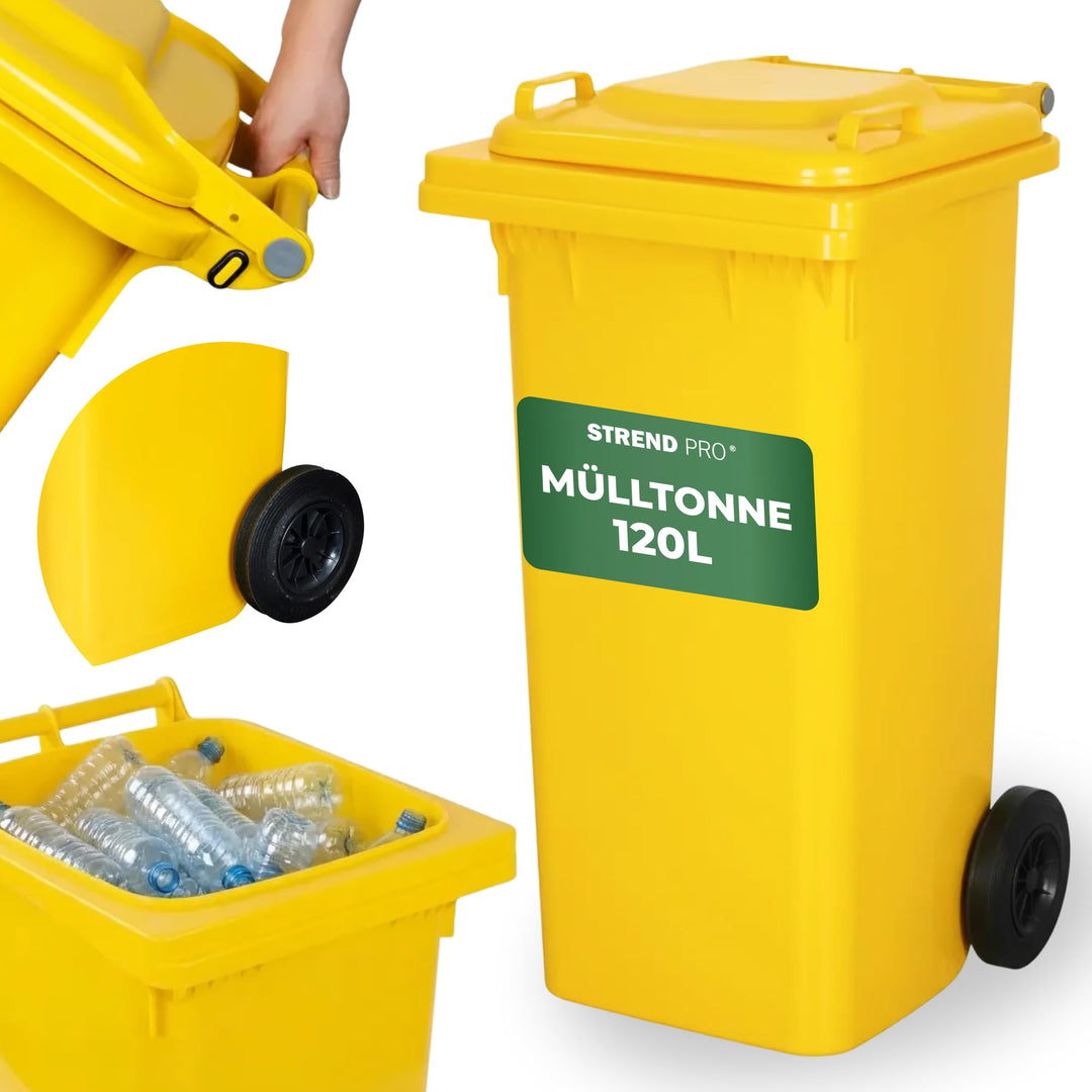 Strend Pro Mülltonne 120L Gelb | Gelbe Tonne für Plastik & Verpackungen | Mülleimer mit Deckel & Räd