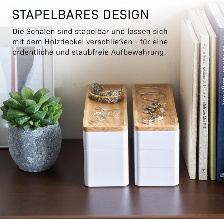 Yamazaki 5811 RIN Schlankes Schmuckkästchen mit Deckel und 3 Ebenen, weiss, ABS Harz/Holz, Minimalis