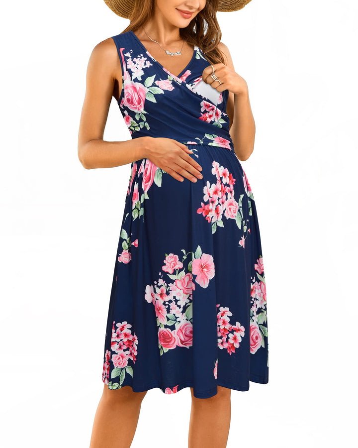 OUGES Damen Sommer Umstandskleid Midi Stillkleid Baumwolle Kleider für Schwangere Lässiges Umstandsm