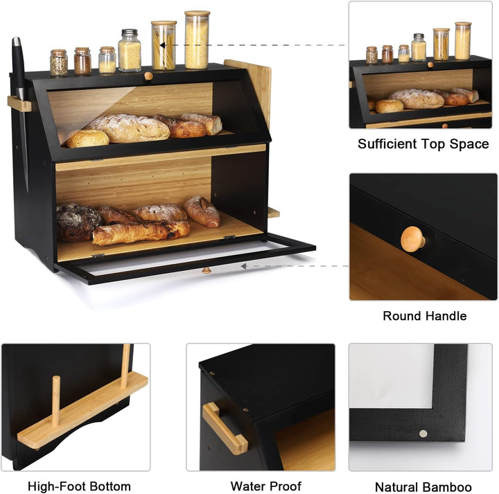Leader Accessories Bambus Brotkasten 2 Etagen Brotbehälter mit Brotschneidebrett lebensmittelecht Br