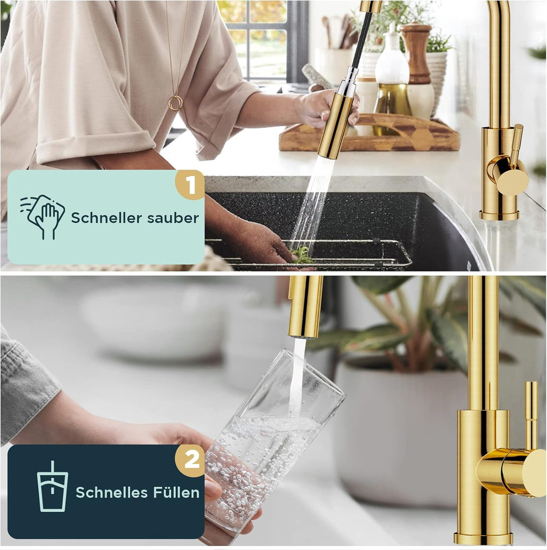 FORIOUS Wasserhahn Küche, Hoher Bogen Küchenarmatur mit Herausziehbarer Brause Ausziehbar Armatur, M