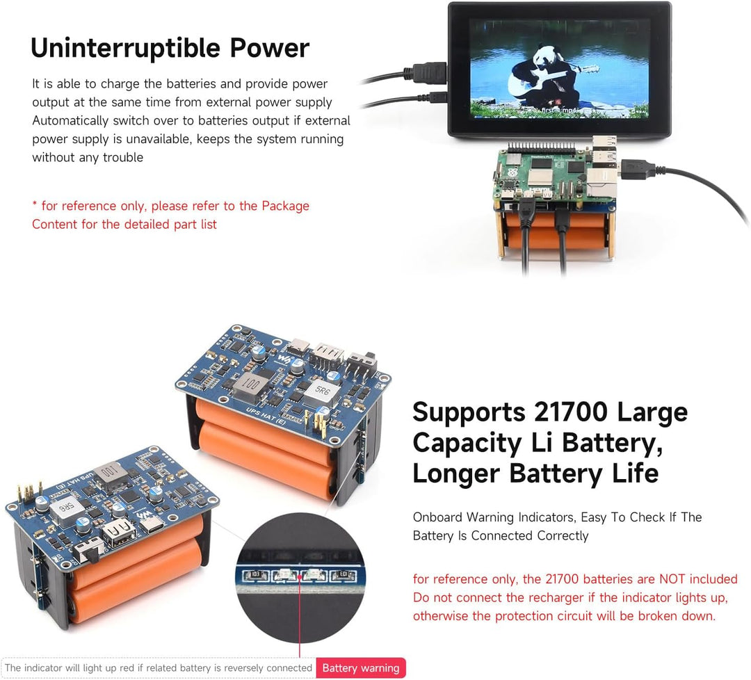 Waveshare UPS HAT (E) for Raspberry Pi 5/4B/3B+, Supports 4× 21700 Li Batt (NOT Included), Bi-Direct