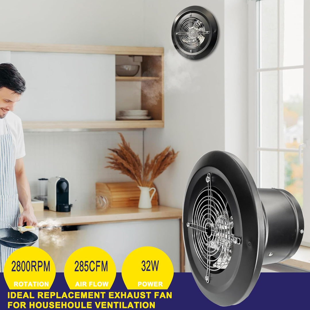 Rund Abluftventilator 150mm Badlüfter, Schwarz | 480m³/h, Rücklaufklappe Metall, Wandventilator, EU-