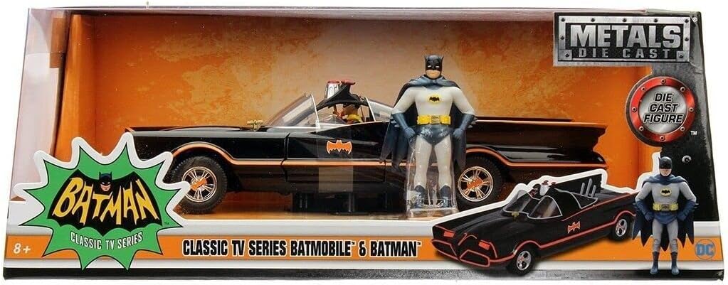 Jada Toys – 98259bk – Batmobil – 1966 Version – mit Figuren – Massstab 1/24 – Schwarz/Rot