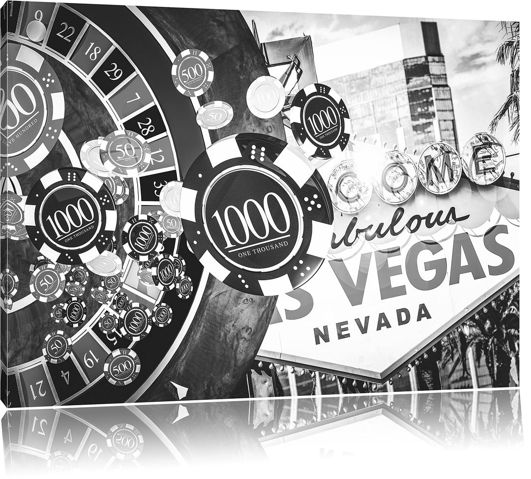 Pixxprint Las Vegas Casino Roulette Kunst B&amp;W, Format: 100x70 auf Leinwand, riesige Bilder fertig ge