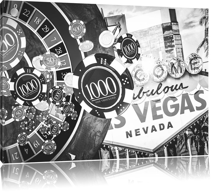 Pixxprint Las Vegas Casino Roulette Kunst B&amp;W, Format: 100x70 auf Leinwand, riesige Bilder fertig ge