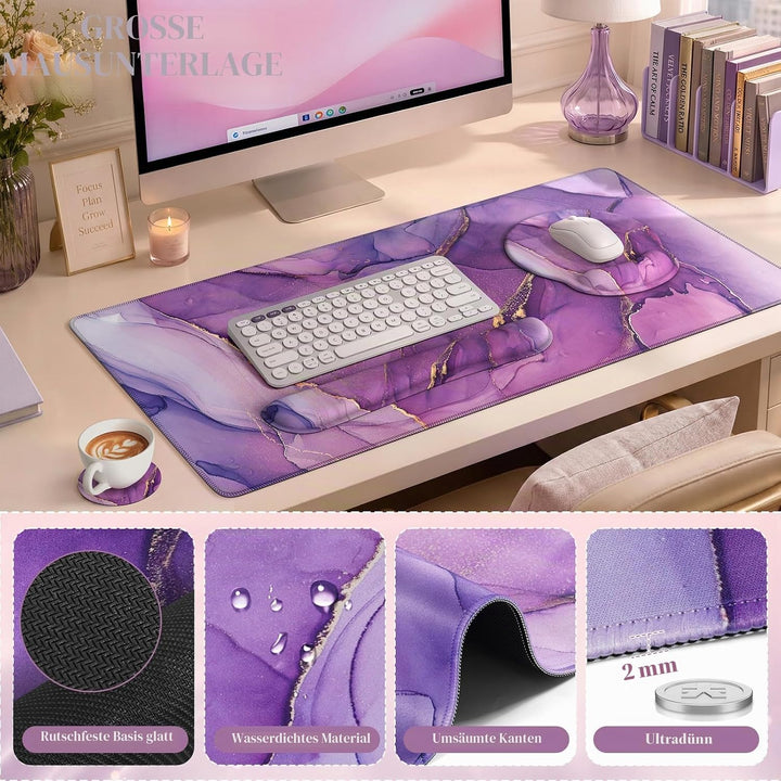 iCasso Schreibtischmatte, Gaming-Mauspad, Handgelenkstützen-Set, 4-in-1 XXL, Computer, lila Marmor 1