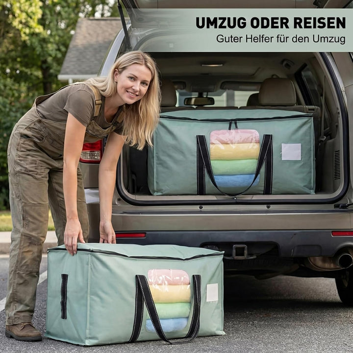 Dntorx 4 Stück 90L Aufbewahrungstasche mit Sichtfenster &amp; Deckel, Grün | Faltbar, Stabile Griffe, Re