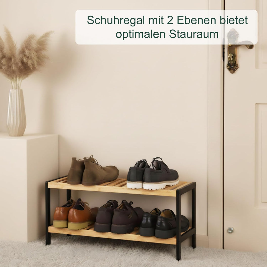 Relaxdays Schuhregal, HxBxT: 33 x 70 x 26 cm, Bambus, 2 Ebenen, 6 Paar Schuhe, Schuhständer Gitterab