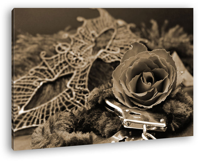 deyoli Handschellen Maske und eine Rose Format: 80x60 Effekt: Sepia als Leinwand, Motiv fertig gerah