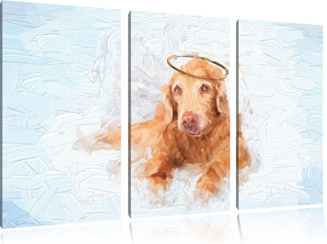 Pixxprint Süsser Hundeengel auf Einer Wolke im Himmel Kunst Pinsel Effekt 3-Teiler Leinwandbild 120x