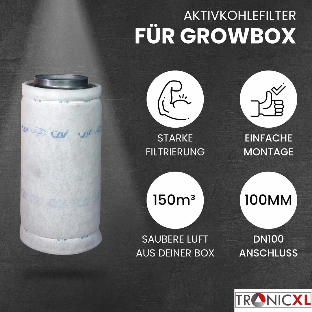 TronicXL Turbo Abluft Set Grow 100mm leise mit Aufhängung Belüftungsset für Growbox Aktivkohlefilter