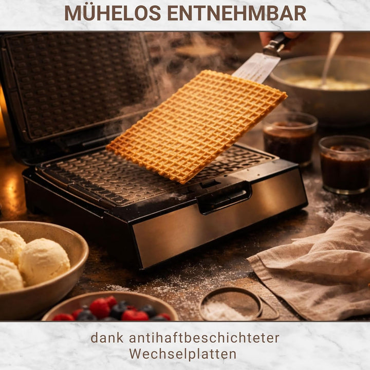 Syntrox Thin Waffle Maker mit Wechselplatten, Edelstahl, schnelles Aufheizen, Antihaftbeschichtet, v