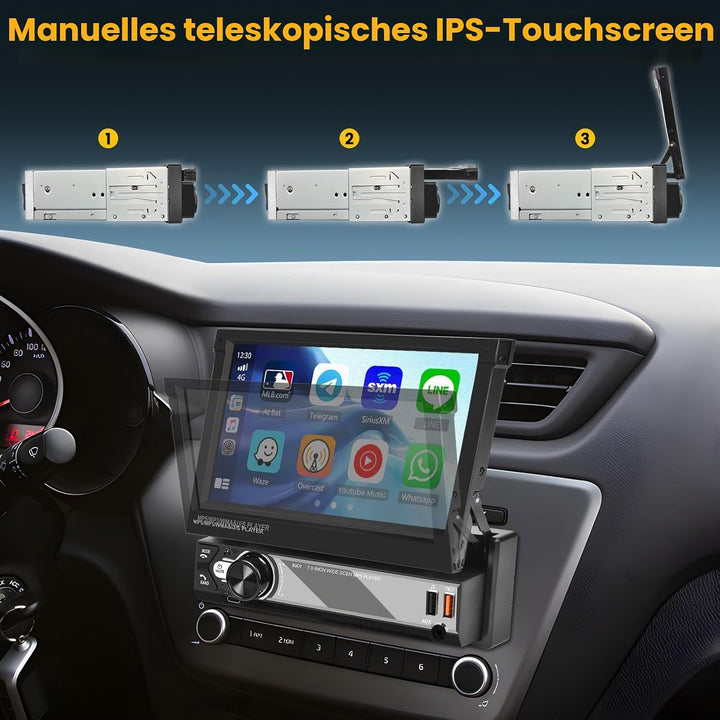 Hikity 1 Din Autoradio Wireless Carplay Andriod Auto 7 Zoll Manuelle Ausfahrbarem Bildchirm Auto Rad