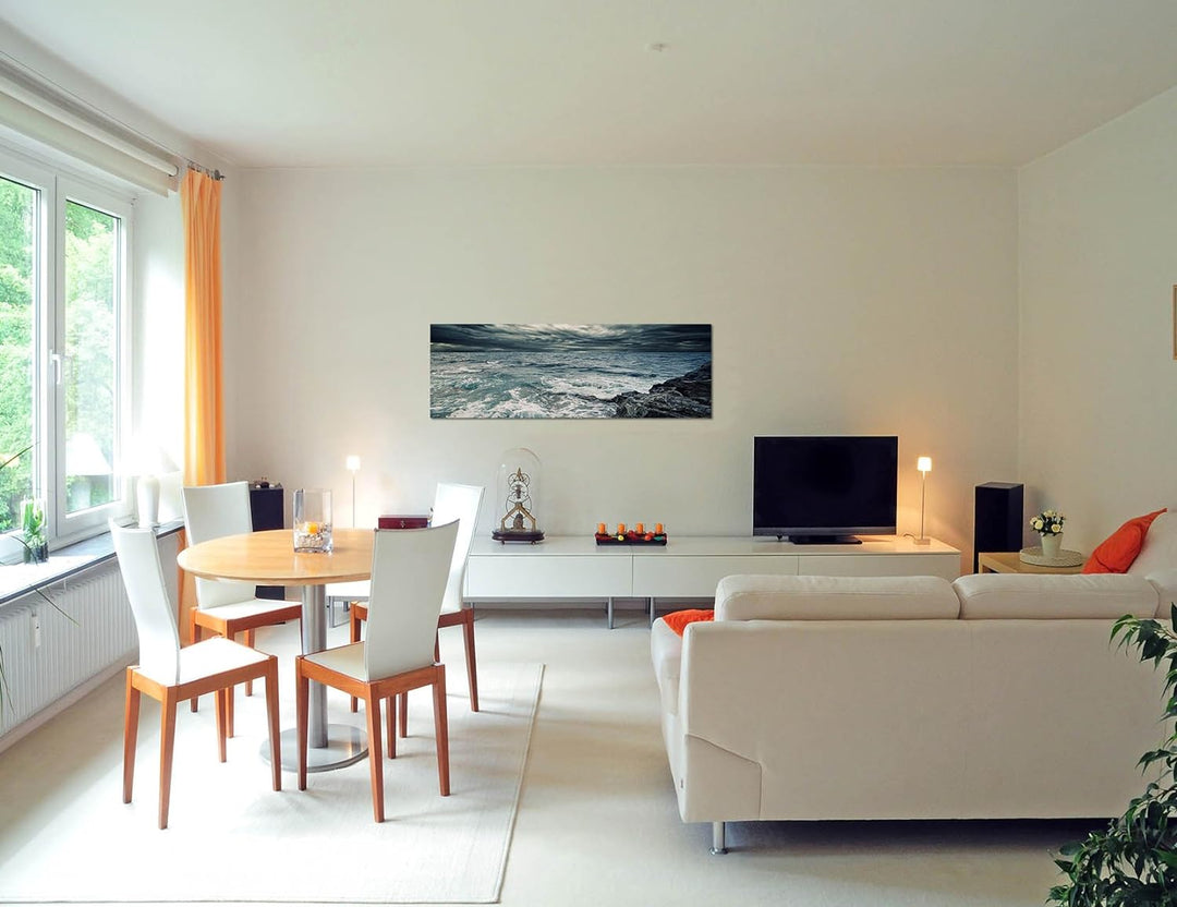 Paul Sinus Art Panoramabild auf Leinwand und Keilrahmen 120x40cm Ozean Meer Sturm Felsen Wellen Wolk