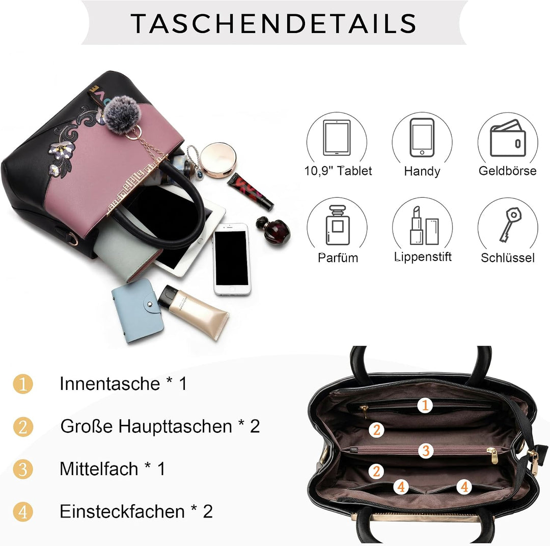 VARLIVOO Damen Handtasche Schultertasche Blumenmuster Frauen Umhängetasche Pom Pom Dekoration Shoppe