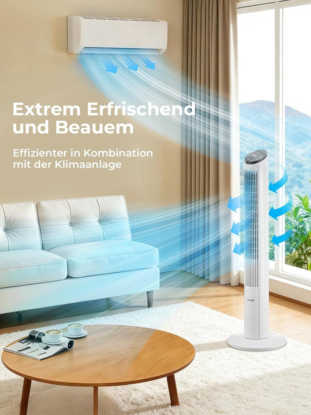 FOHERE Turmventilator 102cm, 12 Stufen Standventilator mit Fernbedienung, 32dB Sehr Leiser, Oszillie