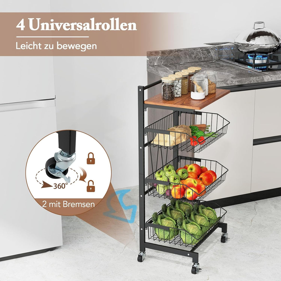 COSTWAY Servierwagen mit Rollen, Gemüseregal mit ausziehbaren Körben &amp; Holzplatte, höhenverstellbar,