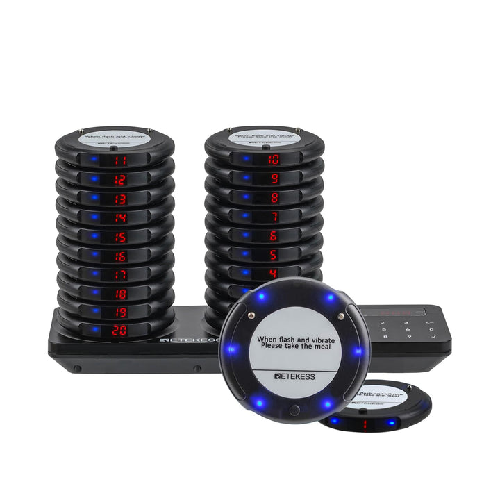 Retekess TD163 Restaurant Pager System, Pager Rufsystem, 20 Pager, 500M, Schwarz, Blaue LED-Anzeigel