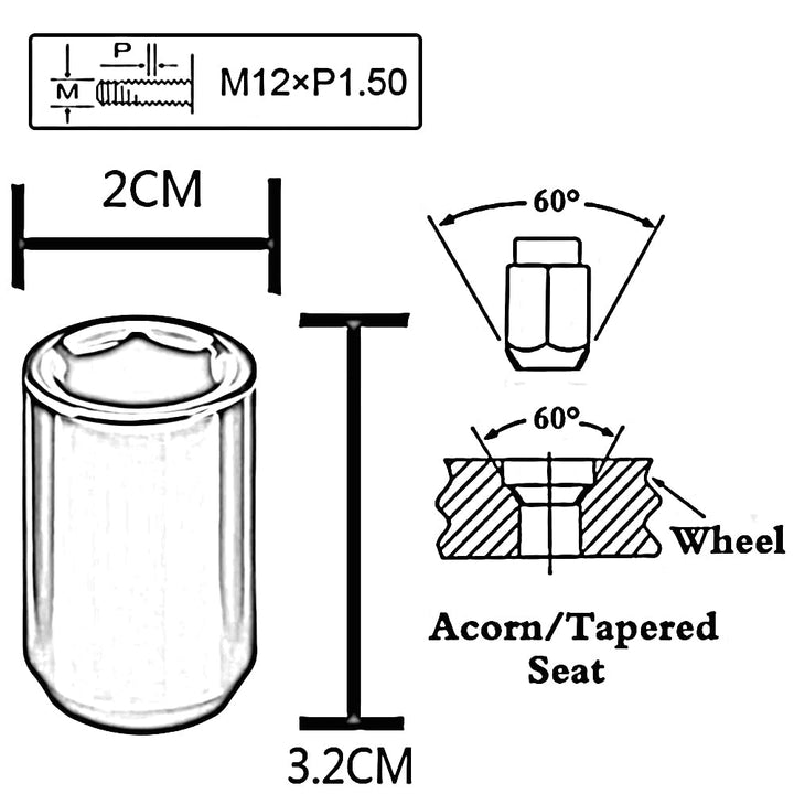 20 Stück Kegel 60° Schmal Sechskantschlüssel Stahl Lug Nuts M12 x 1,5 Radmuttern (Rot), rot