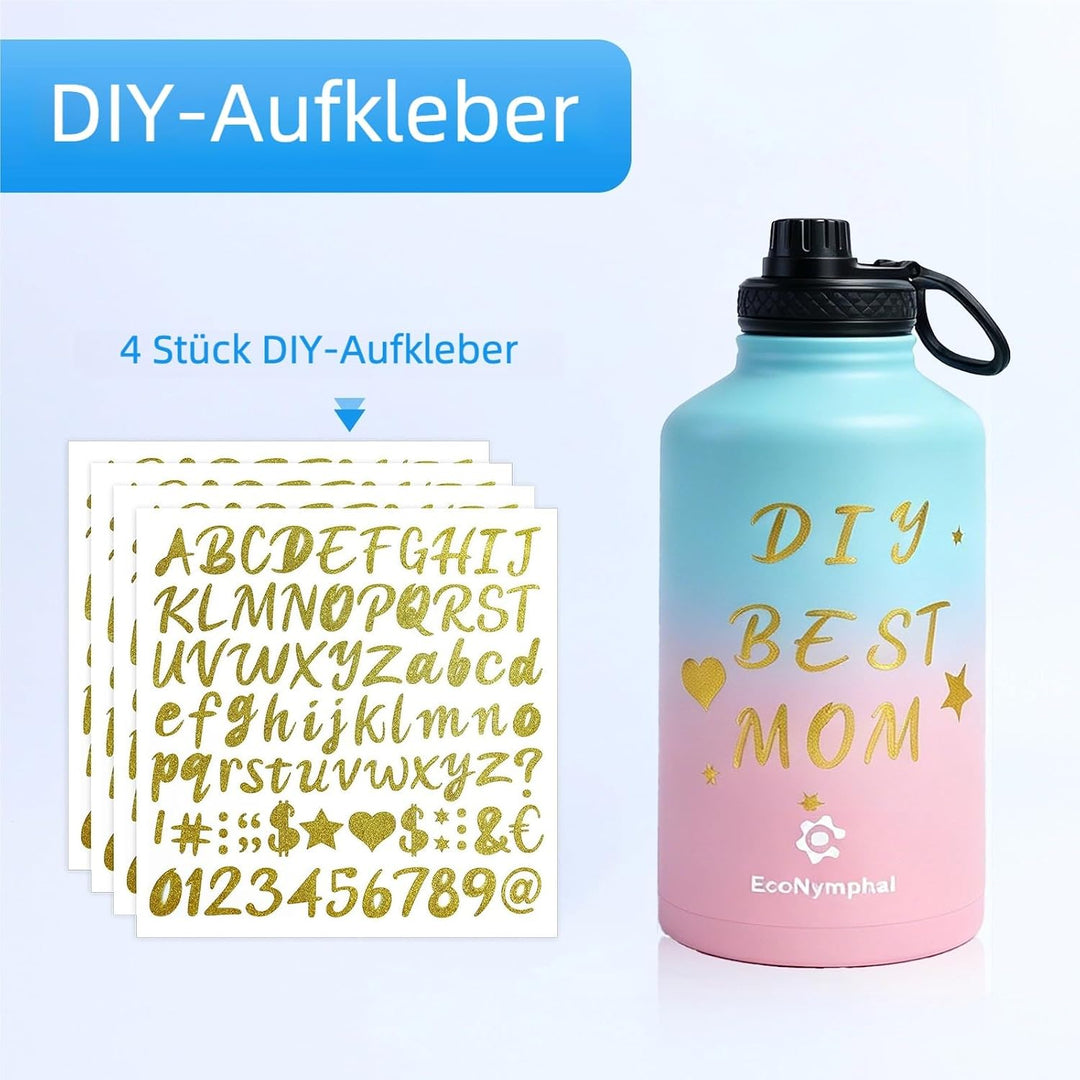 Edelstahl trinkflasche 1.9L - Isolierflasche mit Strohhalm &amp; 2 Deckeln - 100% Auslaufsicher - Reinig