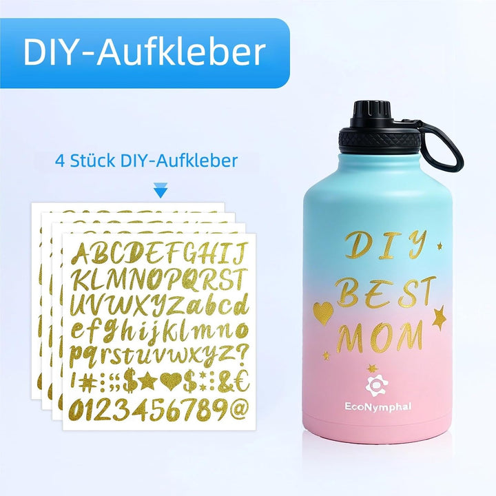 Edelstahl trinkflasche 1.9L - Isolierflasche mit Strohhalm &amp; 2 Deckeln - 100% Auslaufsicher - Reinig