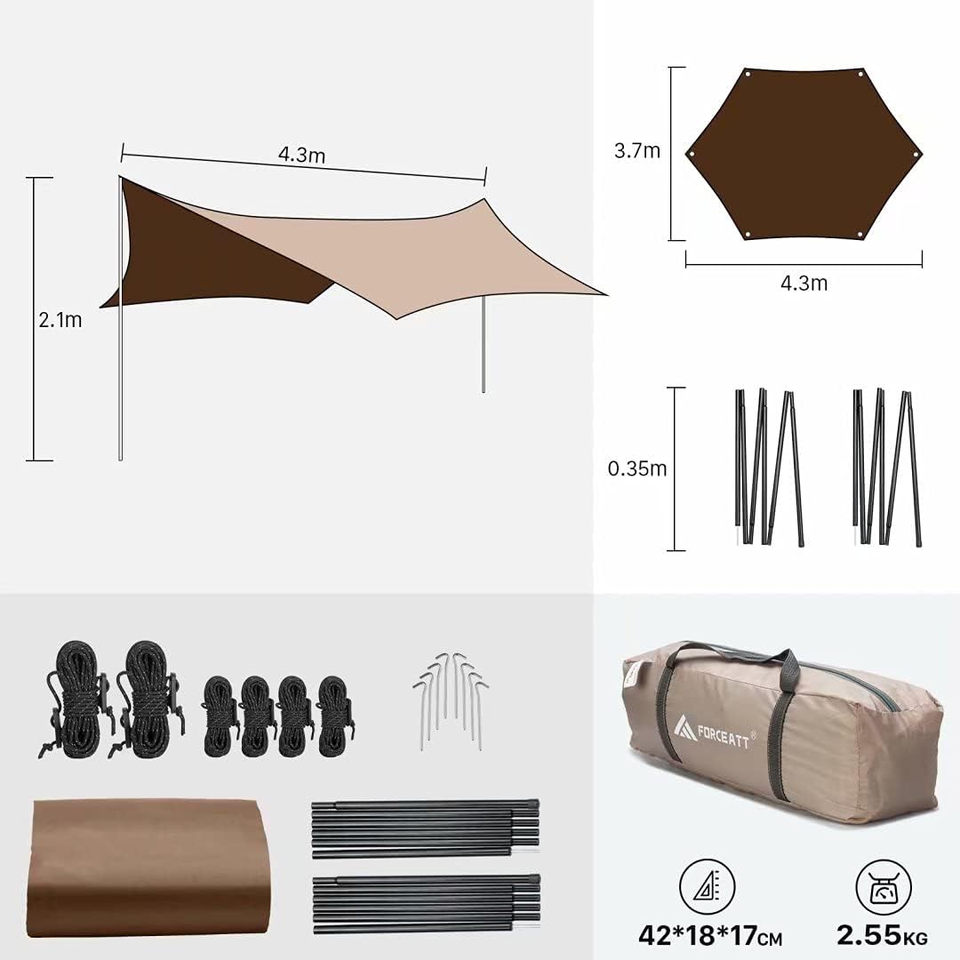 Forceatt Zeltplane, 3,7 * 4,3 m Tarp Ultraleicht mit 6 Umreifungspunkten, Anti-UV & wasserdicht Tarp