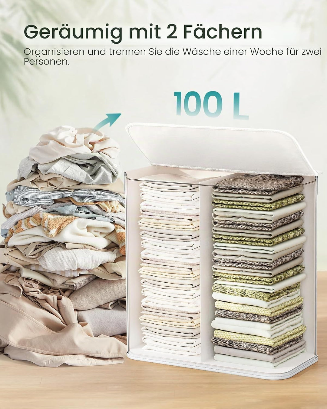 SONGMICS Wäschekorb mit Deckel, Wäschekorb aus Bambus, 2 Sortierfächer, abnehmbarer Beutel, Griffe a