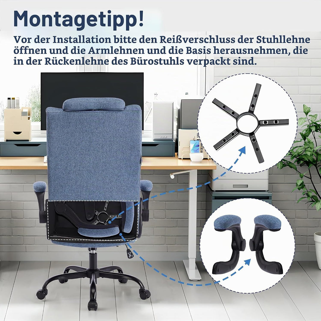 Bürostuhl Ergonomischer Computerstuhl 150KG Belastbarkeit Chefsessel Verstellbare Kopfstütze Flip-up