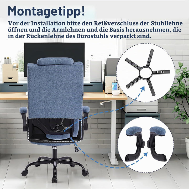 Bürostuhl Ergonomischer Computerstuhl 150KG Belastbarkeit Chefsessel Verstellbare Kopfstütze Flip-up