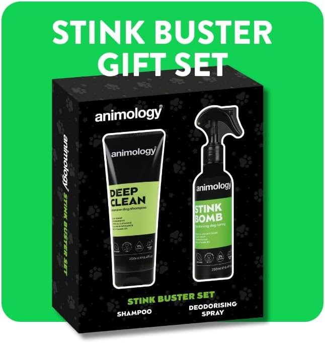 Animology Stink Buster Set, Hundepflege-Geschenkset mit Tiefenreinigungs-Shampoo und Stink Bomb Deod
