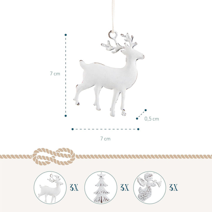 Weihnachtsanhänger Metall, 9er Set: Metallanhänger Tannenbaum, Engel &amp; Rentier, Deko Weihnachten, Vi