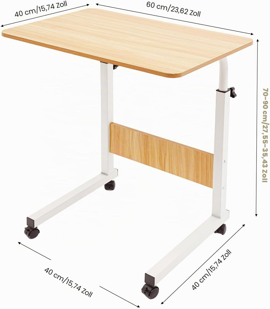 Höhenverstellbarer Schreibtisch 70–90cm, Mobiler Laptop Tisch mit Rollen &amp; Bremse, Rollbarer Beistel