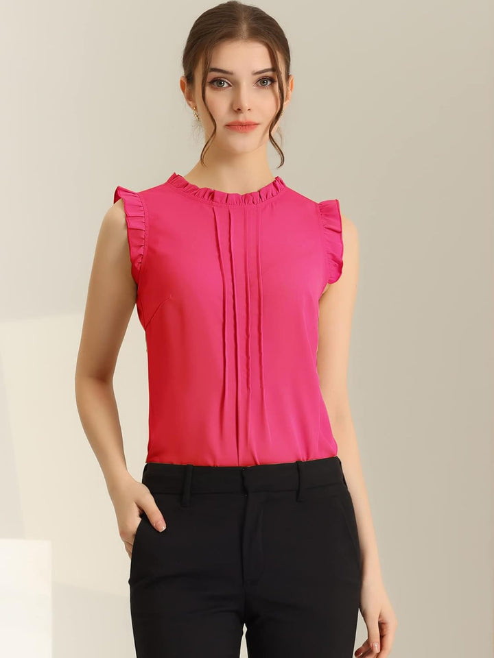 Allegra K Damen Plissee Oberteil Ärmellos Shirt Rundhals Elegante Rüschen Top Bluse XS Rosa, XS Rosa