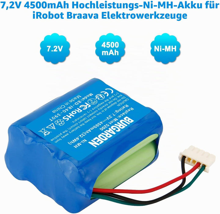 7.2V 4500mAh NI-MH Akku für 380T, 380, 390T, Kompatibel mit Mint 5200, 5200B, 5200C Staubsauger
