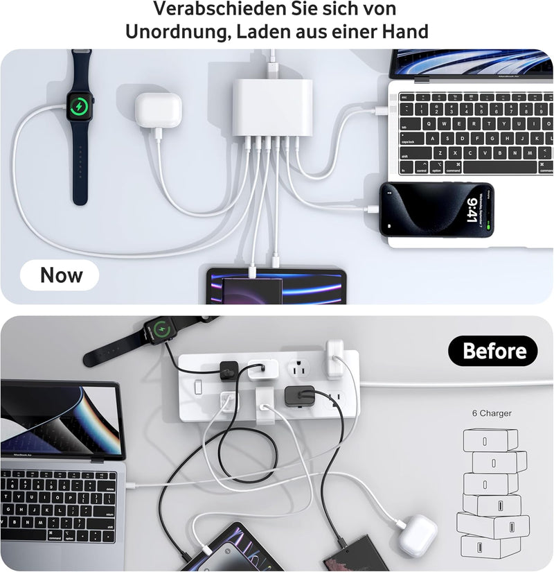USB C Ladegerät, 200W USB C Netzteil 6-Port GaN PD 3.0 Schnellladegerät mit 3 USB-C und USB-A Mehrfa