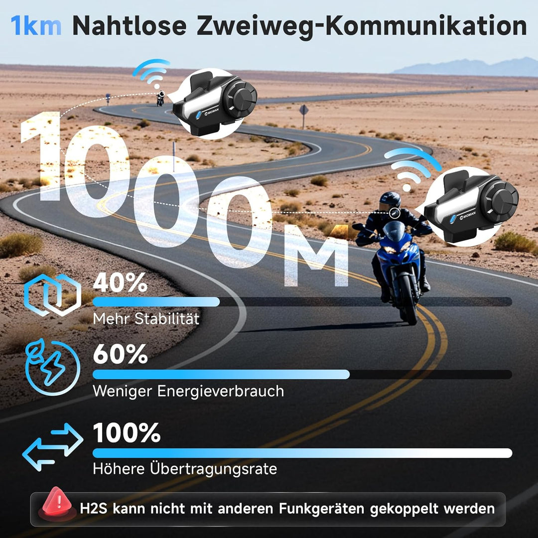 Moman Motorrad Intercom Headset, H2 Pro【2 Pack Schwarz】 Motorradhelm Gegensprechanlage Kommunikation