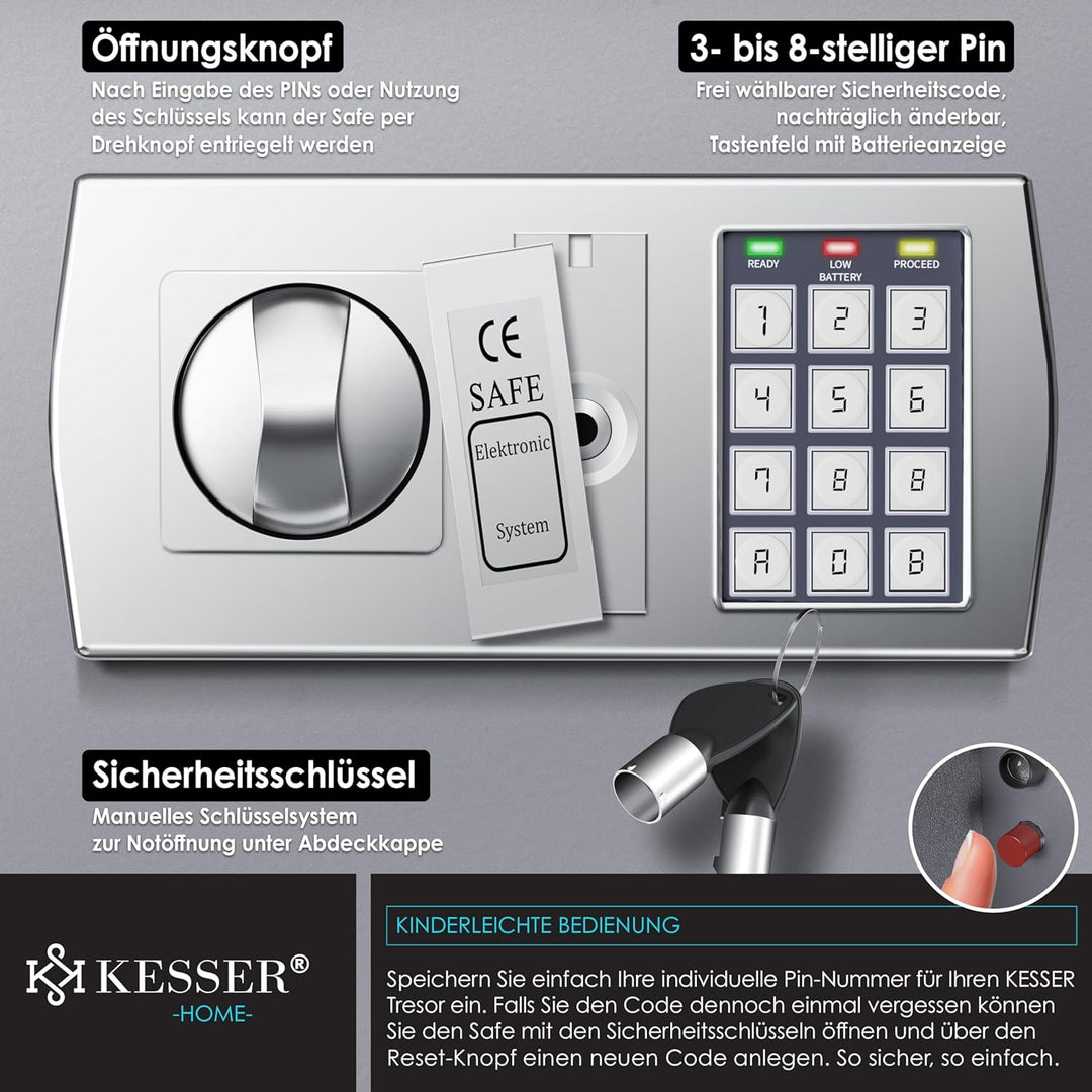 KESSER® Elektr. Tresor | 31x20x20cm | LED-Anzeige | Elektronischer Safe | Doppelbolzenverriegelung |