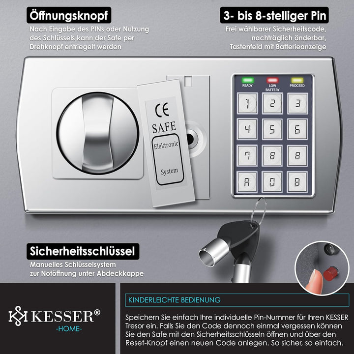 KESSER® Elektr. Tresor | 31x20x20cm | LED-Anzeige | Elektronischer Safe | Doppelbolzenverriegelung |