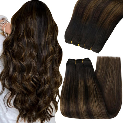 YoungSee Tressen Extensions Echthaar Ombre Echthaar Tressen zum Einnahen Braun Balayage Weft Extensi