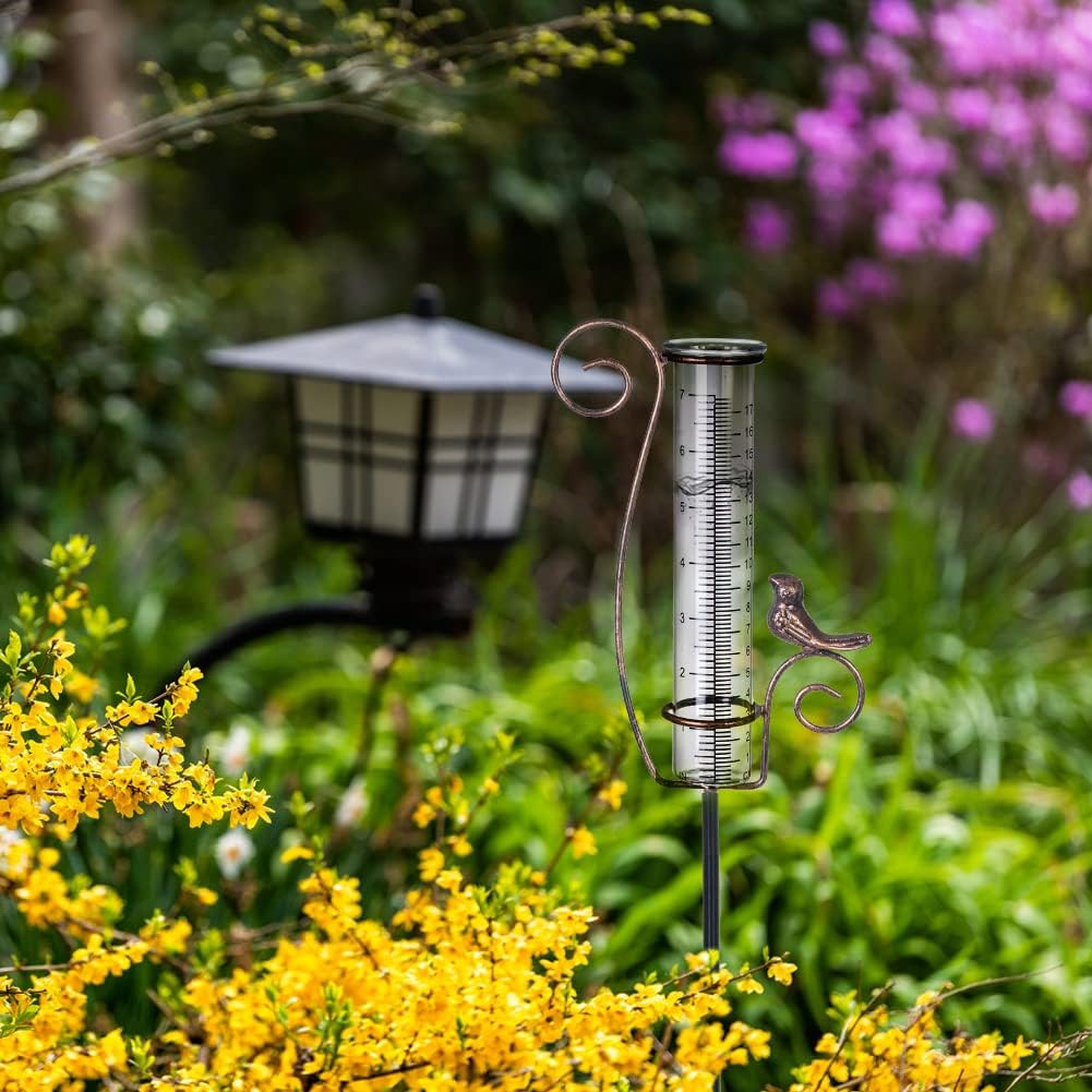 Venniy Regenmesser für den Aussenbereich, 17,8 cm Glas-Regenmesser mit Metallpfahl, dekorativer Voge
