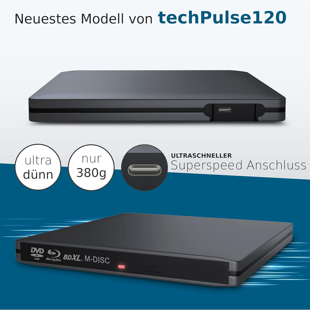 techPulse120 USB 3.1 Typ-C externer M-Disc BDXL Blu-ray Brenner Player Superdrive Laufwerk BD DVD CD