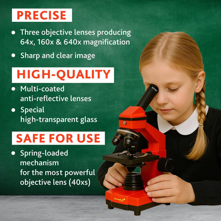 Levenhuk Rainbow 2L Plus Orange Kinder Heimlabor STEM-Set mit Tragbarem Biologischen Mikroskop mit 6