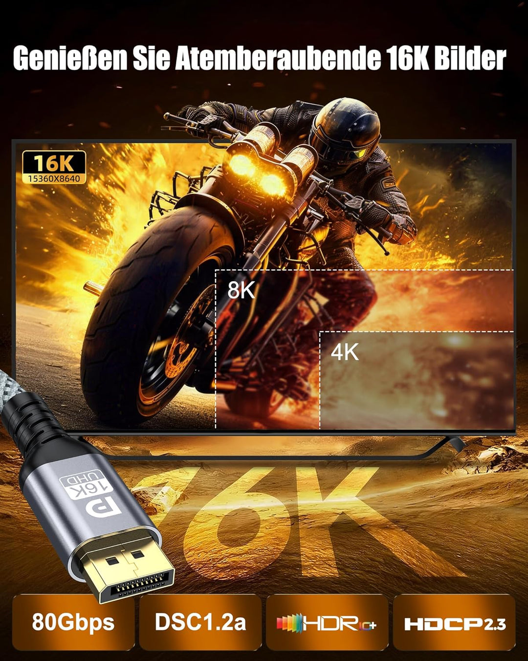 Displayport Kabel 2.1 16K, DP Kabel 5M für Gaming, 16K@60Hz/8K@120Hz/4K@240Hz/165Hz/144Hz, Unterstüt