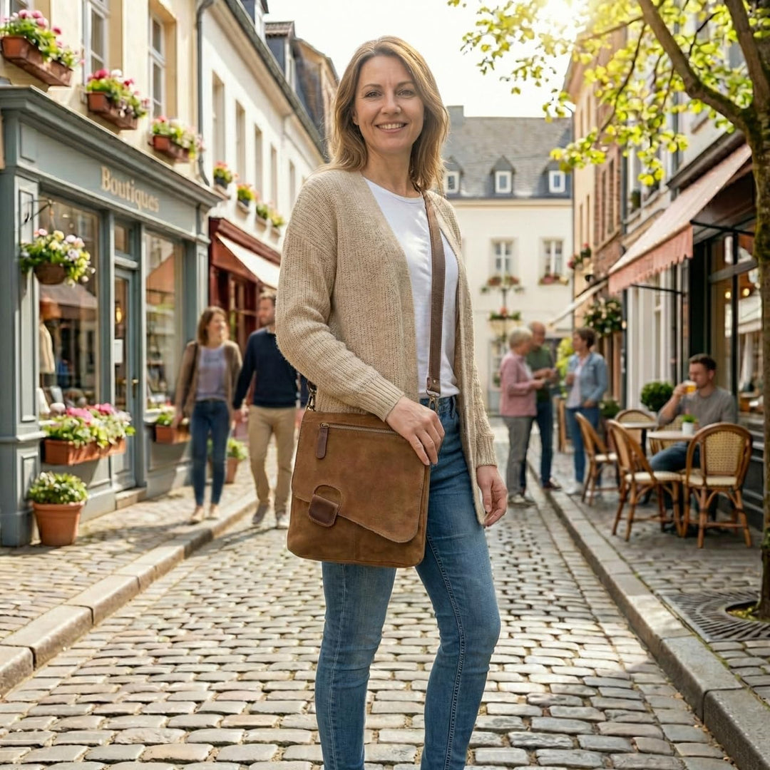 LECONI Umhängetasche für Damen Crossbag Veloursleder Echtleder Natur Damentasche Schultertasche Lede